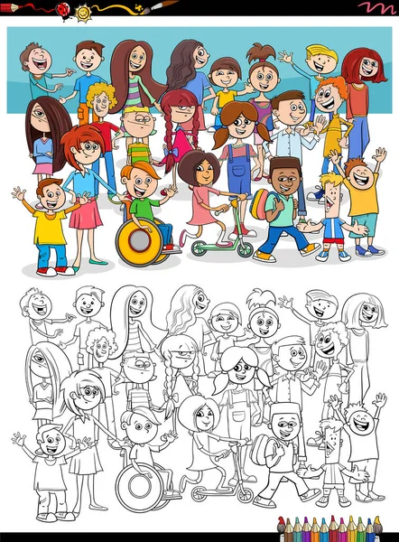 子供と10代のキャラクターの漫画イラストグループぬりえブックページ — ストックベクタ
