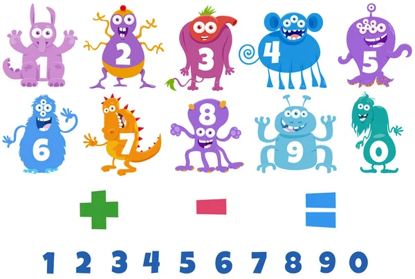 Cartoon Illustration Numbers Set One Nine Fantasy Monster Characters — Stock Vector