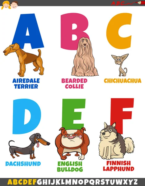 Dibujos Animados Ilustración Alfabeto Colorido Conjunto Letra Con Cómics Perros — Vector de stock