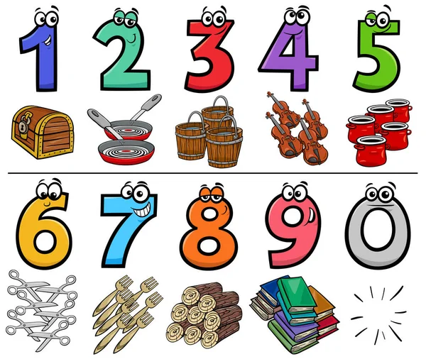 Cartoon Illustration Educational Numbers Set Van Tot Met Verschillende Objecten — Stockvector