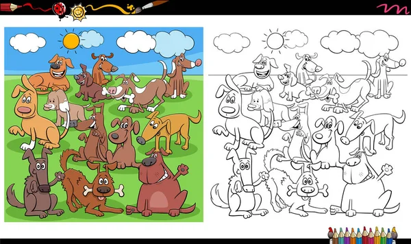 Мультфильм Веселых Собаках Щенках Animal Characters Big Group Странице Раскраски — стоковый вектор