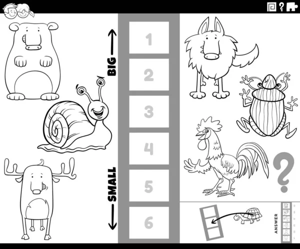 Černobílé Kreslené Ilustrace Vzdělávací Hra Hledání Největších Nejmenších Zvířecích Druhů — Stockový vektor