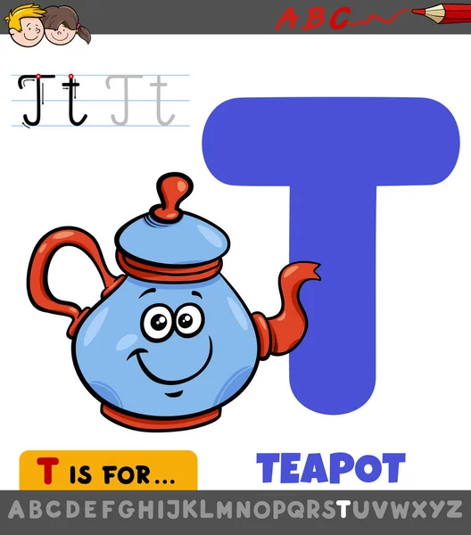 Tecknad Illustration Bokstav Från Alfabetet Med Comic Teapot För Barn — Stock vektor