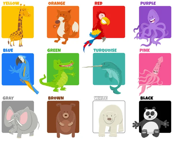 Εικονογράφηση Κινουμένων Σχεδίων Των Βασικών Χρωμάτων Αστεία Χαρακτήρες Ζώων Εκπαιδευτικό — Διανυσματικό Αρχείο