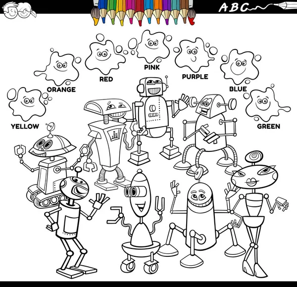 Czarno Białe Kreskówki Edukacyjne Ilustracja Podstawowych Kolorów Robotów Droidów Znaków — Wektor stockowy