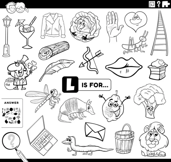 絵を見つけるための黒と白の漫画イラストは 文字Lで始まる教育課題オブジェクトと漫画のキャラクターを持つ子供のためのワークシートぬりえ本のページ — ストックベクタ