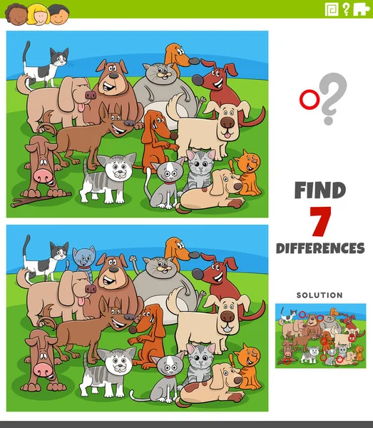 漫画漫画猫と犬のグループと子供のための教育ゲームの違いを見つけることのイラスト — ストックベクタ