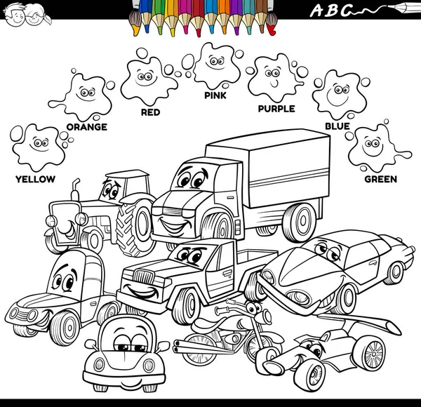 Czarno Białe Kreskówki Edukacyjne Ilustracja Podstawowych Kolorów Samochodów Znaków Transportu — Wektor stockowy