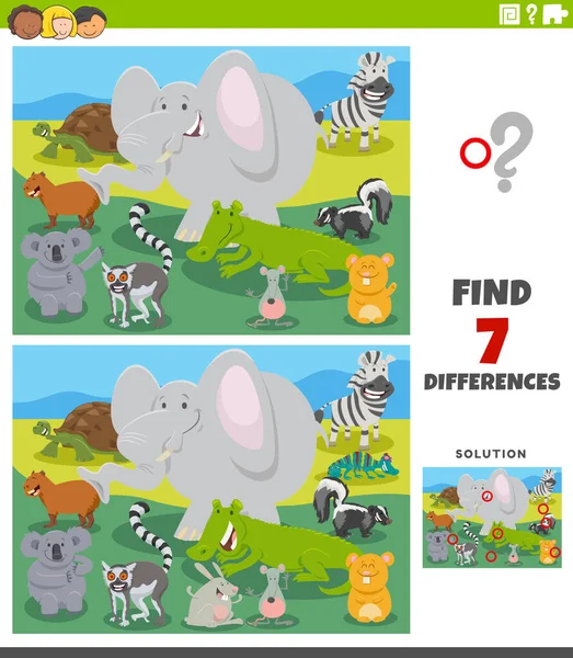 Cartoon Illustration Finding Differences Pictures Educational Task Kids Wild Animal — Stockový vektor