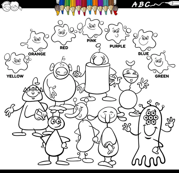 Black White Educational Cartoon Illustration Basic Colors Aliens Fantasy Characters — Διανυσματικό Αρχείο