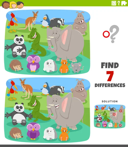 Cartoon Illustration Finding Differences Pictures Educational Task Kids Funny Animal — стоковый вектор