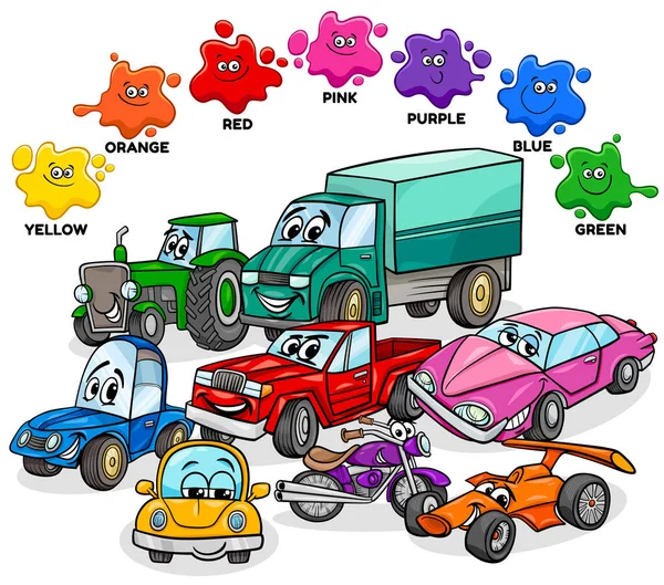 Educatieve Cartoon Illustratie Van Basiskleuren Met Auto Vervoerskarakters Groep — Stockvector