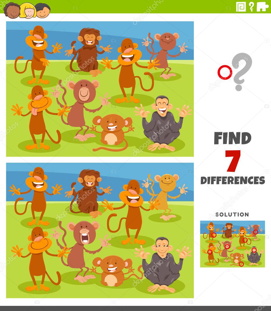 Cartoon Illustration of Finding Differences Between Pictures Educational Game for Kids with Funny Monkeys Animal Characters Group
