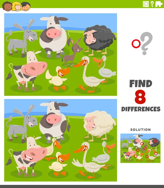 Cartoon Illustration Finding Differences Pictures Educational Task Kids Funny Farm — Stockový vektor