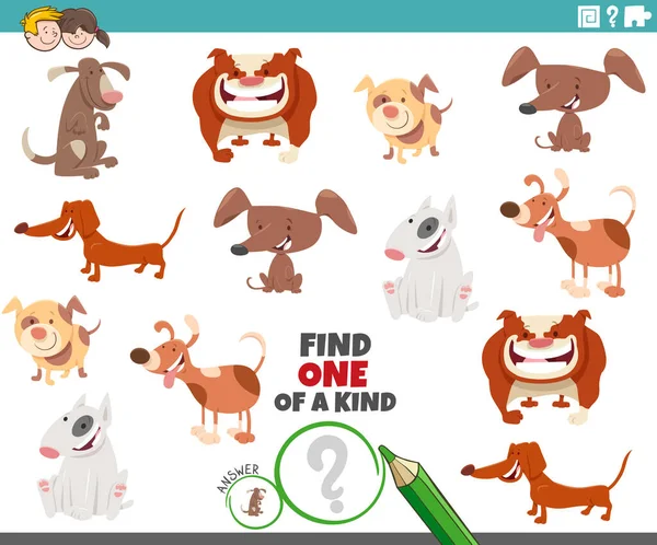 漫画のイラスト漫画の犬の動物のキャラクターと一種の画像教育ゲームの1つを見つける — ストックベクタ
