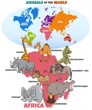 Komik Afrika hayvanlarının eğitici çizimleri ve kıta şekilli dünya haritası.