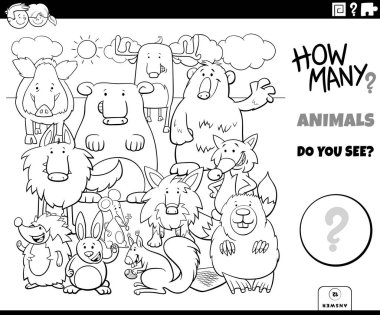 Vahşi Renkler Kitap Sayfasında Çocuklar için Eğitimsel Sayma Görevi Komik Hayvan Karakterleri Grubu Siyahi ve Beyaz Çizimi