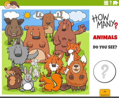 Çocuklar için Eğitim Sayma Görevi Çizgi Film Komik Hayvan Karakterleri Grubu Vahşi Dünya 'da