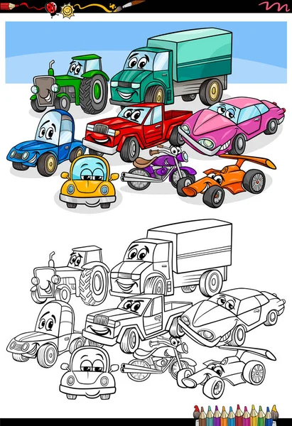 Illustration Dessins Animés Drôles Voitures Véhicules Transport Coloriage Groupe Personnages — Image vectorielle