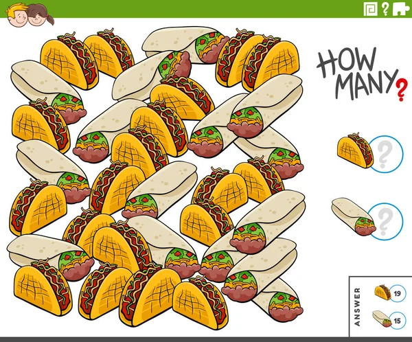 Εικονογράφηση Της Εκπαιδευτικής Παιχνίδι Μέτρησης Για Παιδιά Burrito Ένα Taco — Διανυσματικό Αρχείο