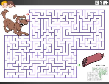 Köpek Karakteri ve Sosisi Olan Çocuklar için Eğitimsel Labirent Bulmacası Çizgi Filmi