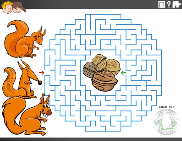 Cartoon Illustration Educational Maze Puzzle Game Children Squirrel Characters Walnuts — стоковий вектор