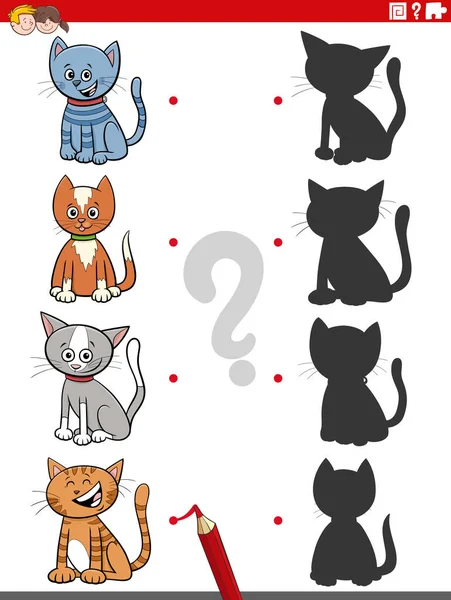 Cartoon Illustration Match Right Shadows Pictures Educational Game Kids Cats - Stok Vektor