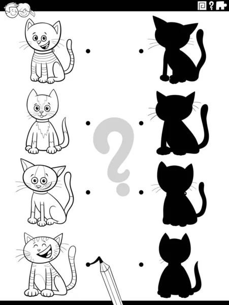 Black White Cartoon Illustration Match Right Shadows Pictures Educational Game - Stok Vektor