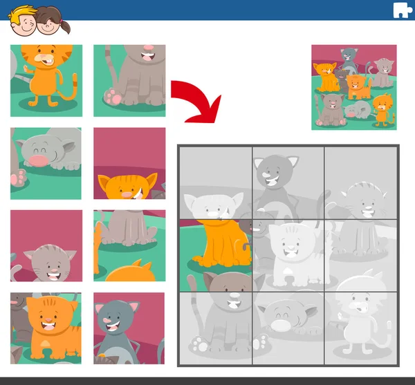 Cartoon Illustration Educational Jigsaw Puzzle Game Children Cats Kittens Animal - Stok Vektor