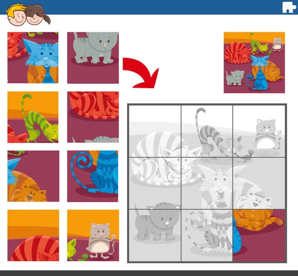 Cartoon Illustration Educational Jigsaw Puzzel Taak Voor Kinderen Met Katten — Stockvector