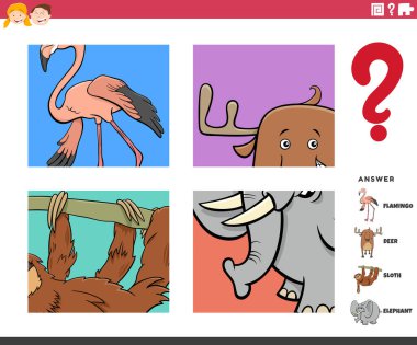 Hayvanları Tahmin Etmenin Eğitim Oyununun Çizgi Filmleri Çalışma Kağıdı veya Çocuklar için Uygulama