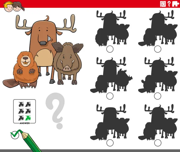 寻找无差异阴影的卡通图解 对具有滑稽动物特征儿童的教育游戏 — 图库矢量图片