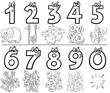 Black and White Cartoon Illustration of Educational Numbers Collection from One to Nine with Comic Wild Animal Characters Coloring Book Page