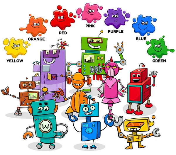 Educatieve Cartoon Illustratie Van Basiskleuren Met Striprobots Karakters Groep — Stockvector