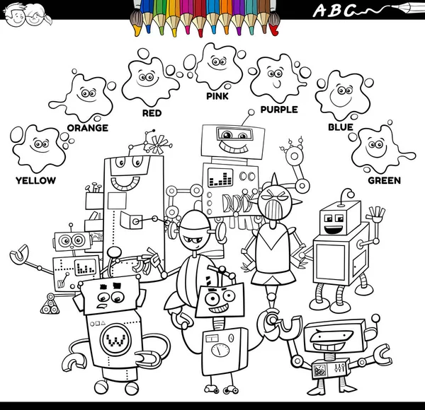 Black White Educational Cartoon Illustration Basic Colors Comic Robots Characters — Διανυσματικό Αρχείο