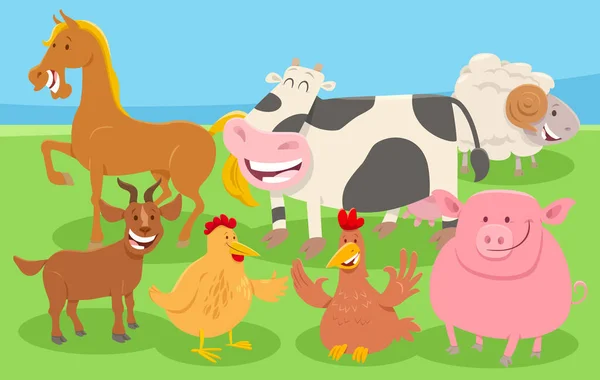 田舎の幸せな農場動物のキャラクターグループの漫画のイラスト — ストックベクタ