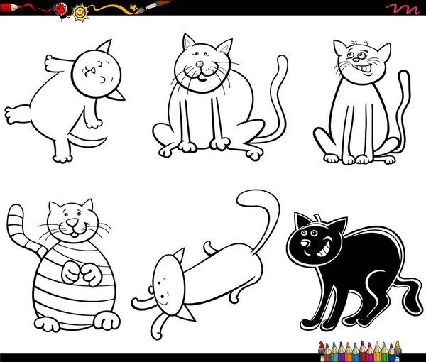 Fekete Fehér Rajzfilm Illusztráció Vicces Macskák Macskák Állat Karakterek Készlet — Stock Vector