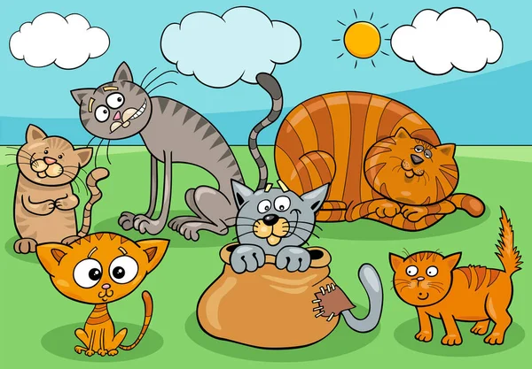 Ilustrasi Kartun Kucing Dan Kucing Kelompok Karakter Hewan Komik - Stok Vektor