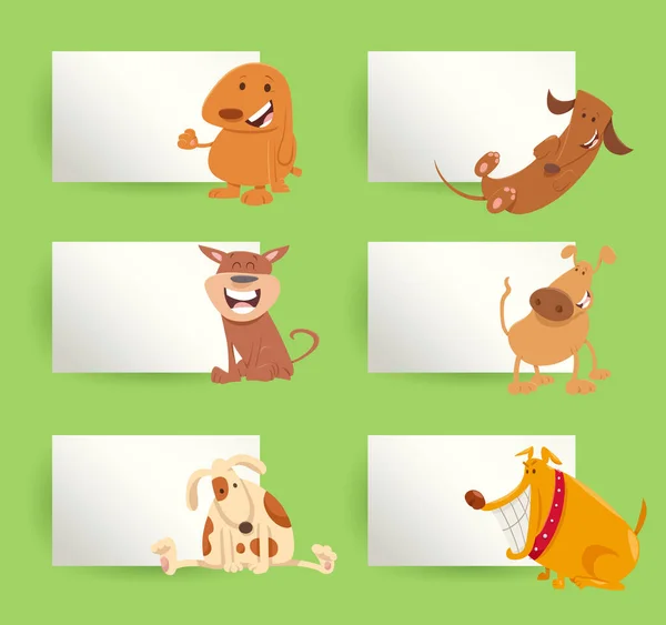 Dibujos Animados Ilustración Perros Cachorros Con Tarjetas Blancas Tableros Saludo — Vector de stock