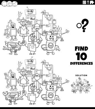 Komik Robot Karakterleri Grubu Renklendirme Sayfası olan Çocuklar için Eğitim Oyunu Siyah ve Beyaz Çizgi Film Bulma Farkları