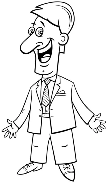 Černobílé Kreslené Ilustrace Šťastného Podnikatele Nebo Člověka Postava Obleku Omalovánky — Stockový vektor