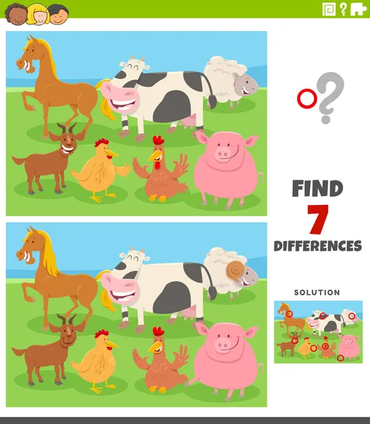 Cartoon Illustration Finding Differences Pictures Educational Game Kids Farm Animal — стоковый вектор