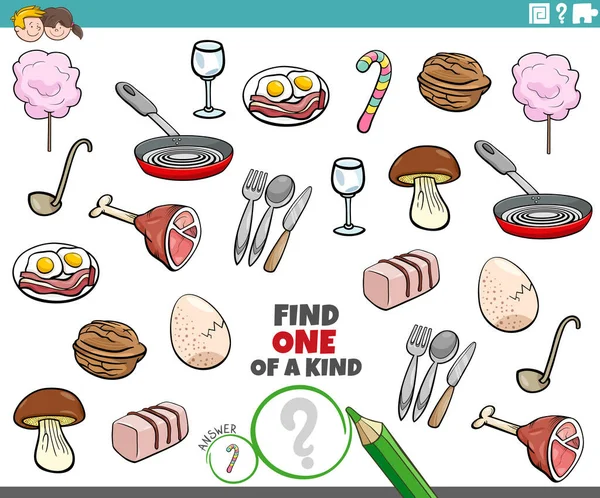 Cartoon Illustration Find One Kind Picture Educatief Spel Met Voedsel — Stockvector