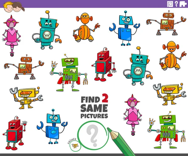 Cartoon Illustration Find Two Same Pictures Educational Game Children Robots - Stok Vektor