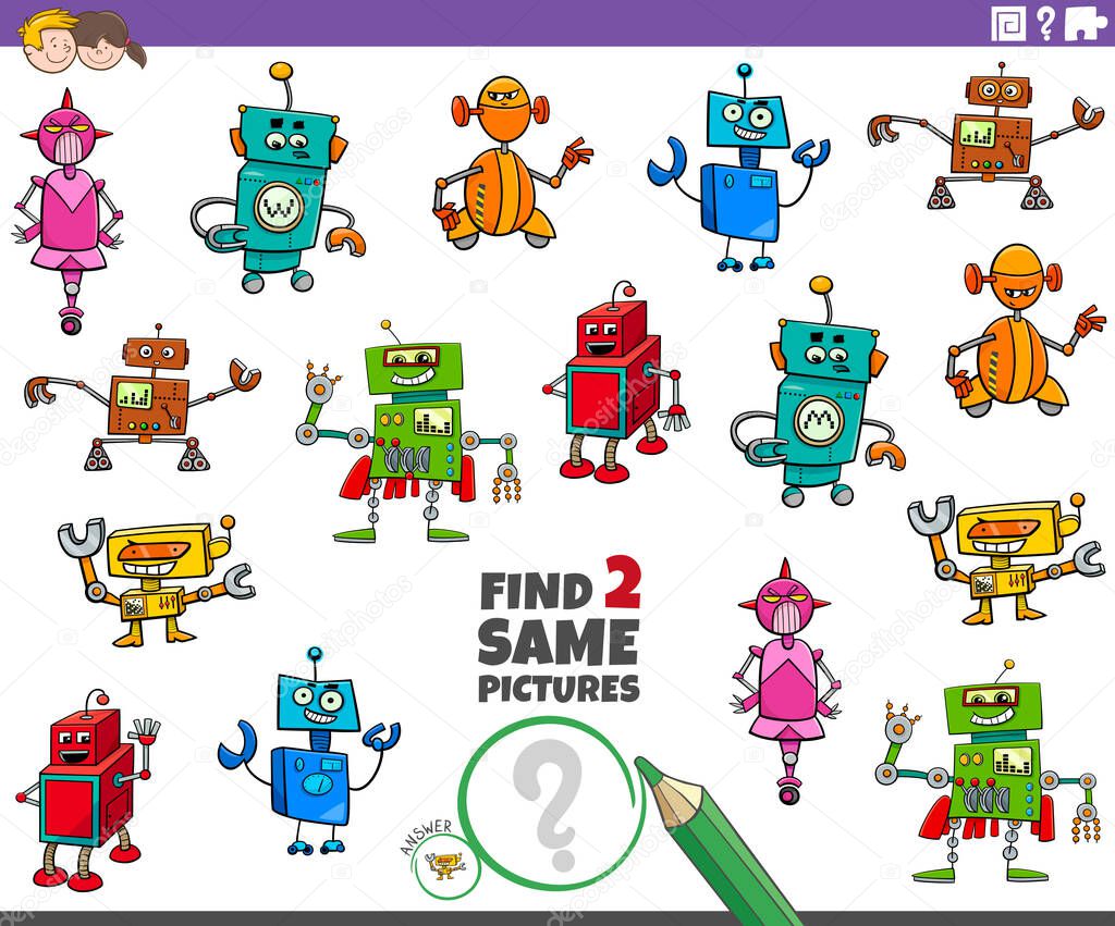 Cartoon Illustration of Find Two Same Pictures Educational Game for Children with Robots Fantasy Characters