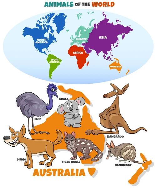 Dibujos Animados Educativos Ilustración Animales Típicos Australianos Mapa Del Mundo — Vector de stock