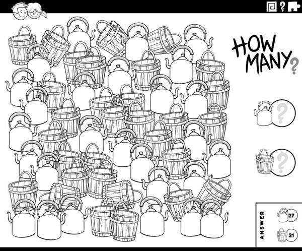 Black and White Illustration of Educational Counting Game for Children with Kettel and Bucket Objects Coloring Book Page