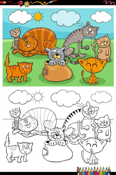 Cartoon Illustration Von Lustigen Katzen Haustiere Tierfiguren Gruppe Malbuch Seite — Stockvektor