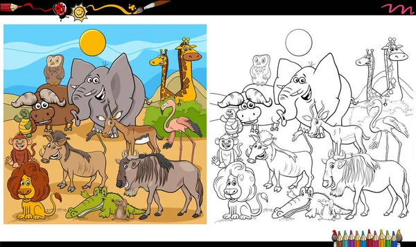Vahşi Hayvan Karakterleri Çizgi Filmi Büyük Grup Renklendirme Kitabı Sayfası — Stok Vektör