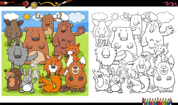 Illustration Dessins Animés Groupe Personnages Animaux Sauvages Coloriage Page Livre — Image vectorielle
